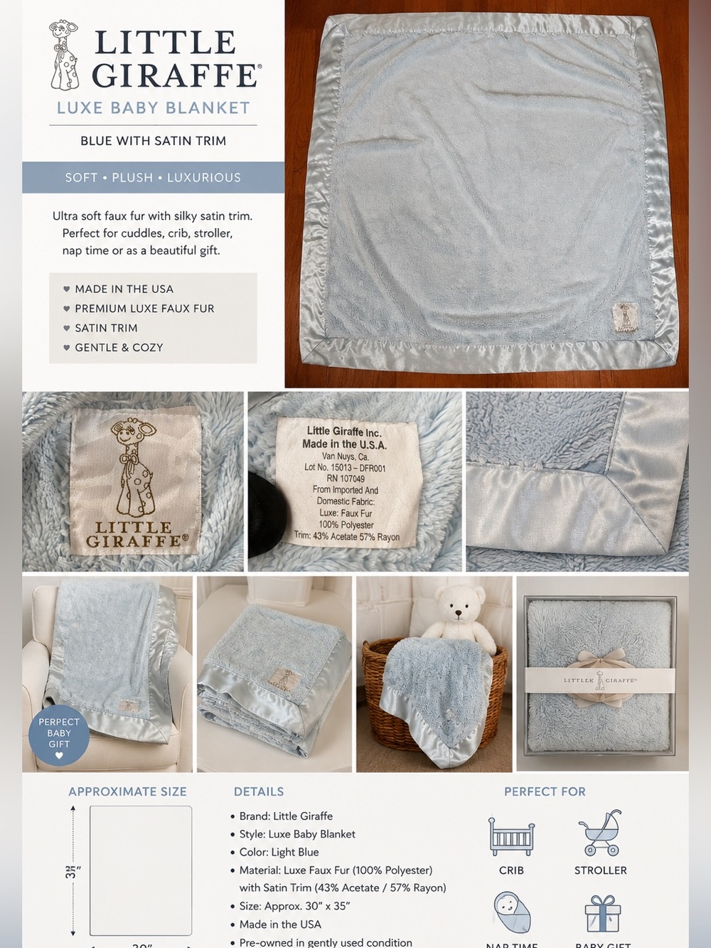 Little Giraffe Luxe Baby Blanket Blue Satin Trim 30x35 Faux Fur Made USA